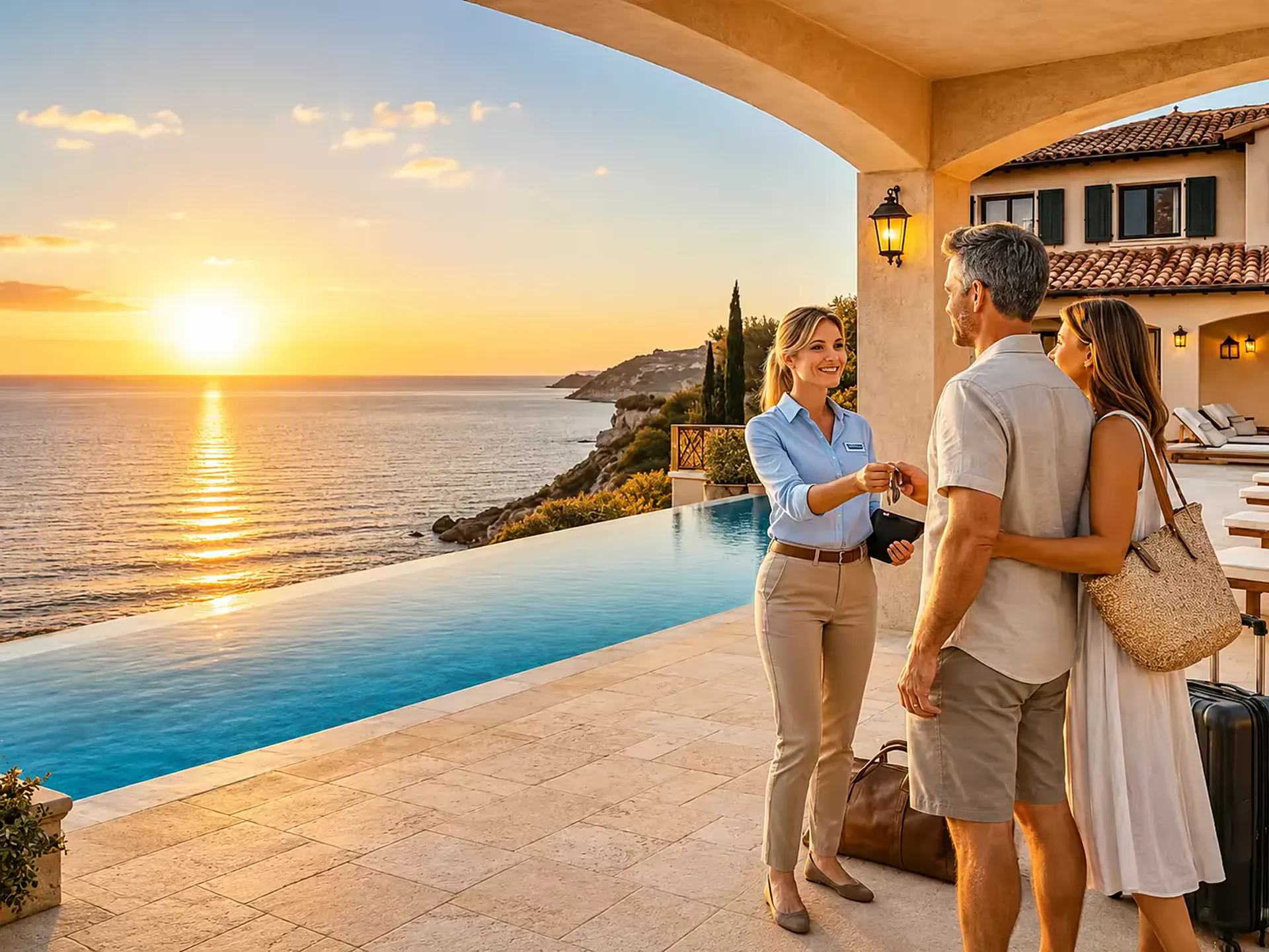 Luxury Mediterranean holiday villa with private pool, palm trees and sea view — representative of properties managed with i-Rent.net